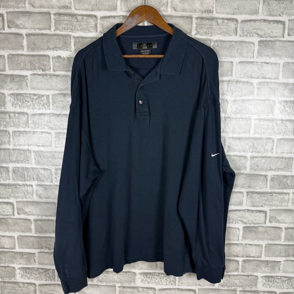 Nike Golf Y2K Mens XXL Long Sleeve Polo Shirt Navy Blue Cotton Pique Swoosh Logo